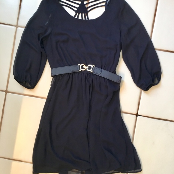 NWOT Dress Navy Blue Lattice Back  belted AGB - Picture 2 of 6